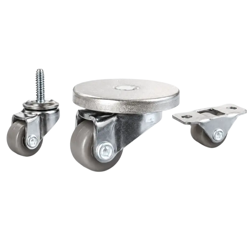 Three light-duty small caster wheels in various mounting style, with brown color TPE wheel and silver color zinc plated metal bracket.