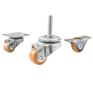 Three light-duty small caster wheels in various mounting style, with orange color nylon wheel and silver color zinc plated metal bracket.