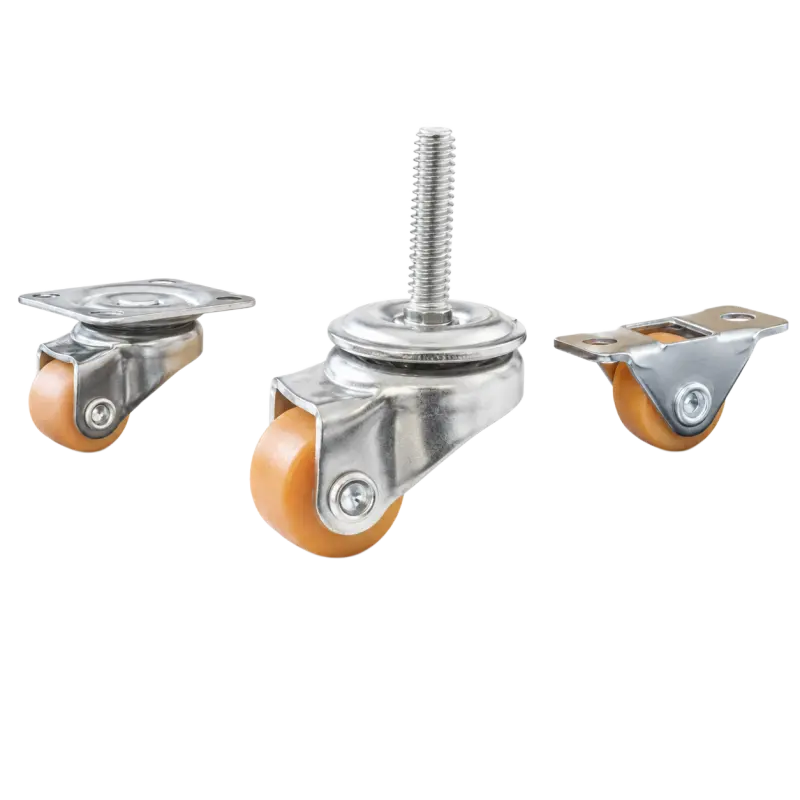 Three light-duty small caster wheels in various mounting style, with orange color nylon wheel and silver color zinc plated metal bracket.