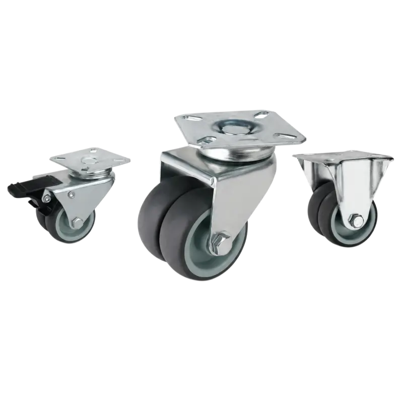 Three light-duty caster wheels in top plate mounting style, with dual gray color TPR wheel and silver color zinc plated metal bracket.