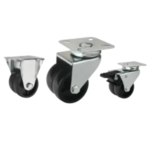 Three light-duty caster wheels in top plate mounting style, with dual black color plastic wheel and silver color zinc plated metal bracket.