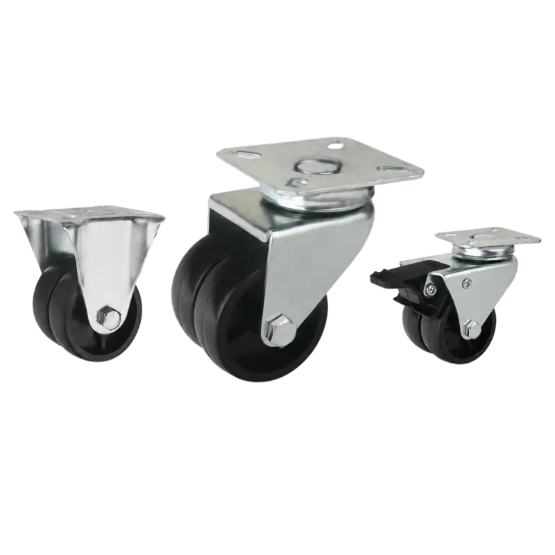 Three light-duty caster wheels in top plate mounting style, with dual black color plastic wheel and silver color zinc plated metal bracket.