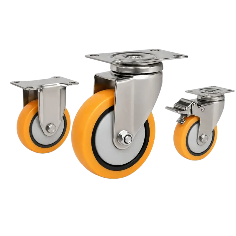 Three casters with orange tread black core wheels in top-plate rigid, swivel and swivel with brake configurations.
