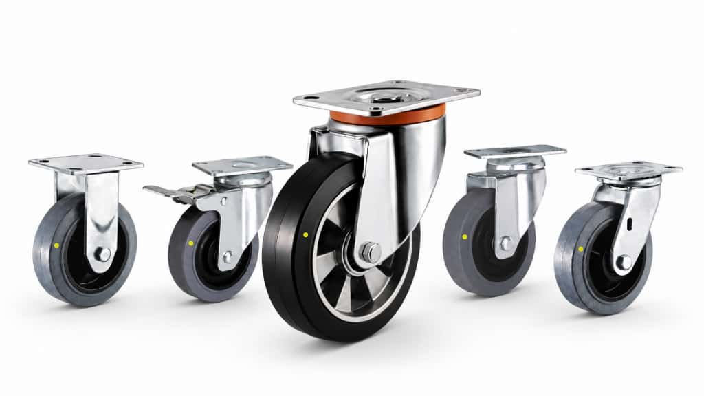 Five conductive and anti-static caster wheels with black and gray treads, featuring metal mounting plates, swivel brackets, and a brake-equipped model on a white background.