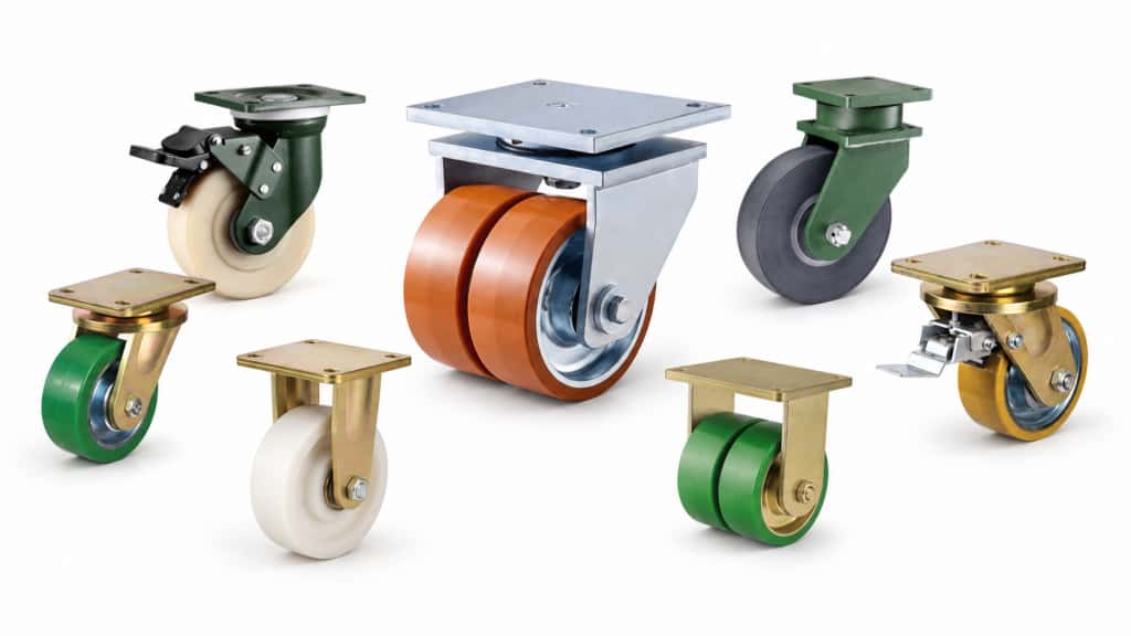 alt="Seven extra heavy-duty industrial casters on a white background, including dual-wheel, swivel, rigid, and locking models in PU and MC nylon, in green, orange, and black."