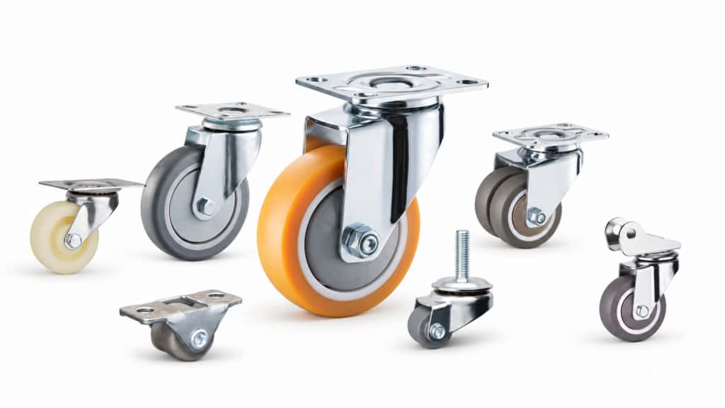 Seven light-duty small caster wheels arranged on a white background, showcasing different mounting styles, wheel sizes, colors, and metal bracket configurations.
