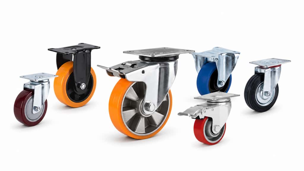 Six medium-duty industrial caster wheels on a white background, in various sizes and colors, featuring swivel, fixed, and brake-equipped metal mounting brackets.