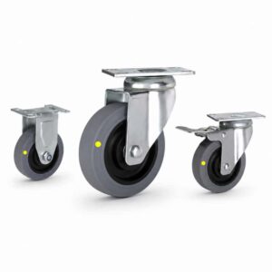 three casters with grey tread black core wheel in rigid, swivel and swivel with brake configurations.