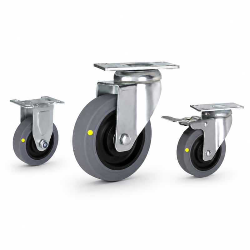 three casters with grey tread black core wheel in rigid, swivel and swivel with brake configurations.