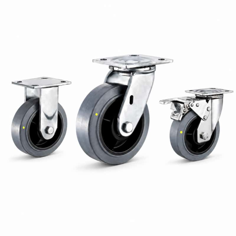 three casters with grey tread black core wheel in rigid, swivel and swivel with brake configurations.