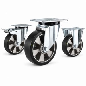 three casters with black tread silver core wheel in top-plate rigid, swivel and swivel with brake configurations and silver color metal bracket.