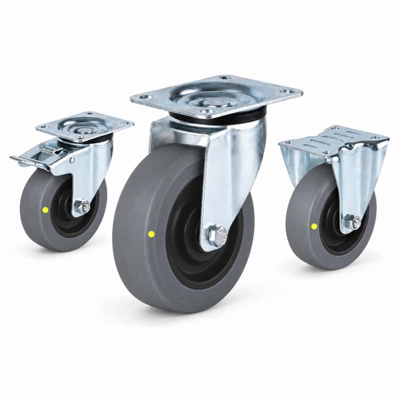 three casters with grey tread black core wheel in top-plate rigid, swivel and swivel with brake configurations and silver color metal bracket.
