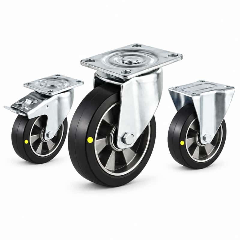 three casters with black tread silver core wheel in top-plate rigid, swivel and swivel with brake configurations and silver color metal bracket.