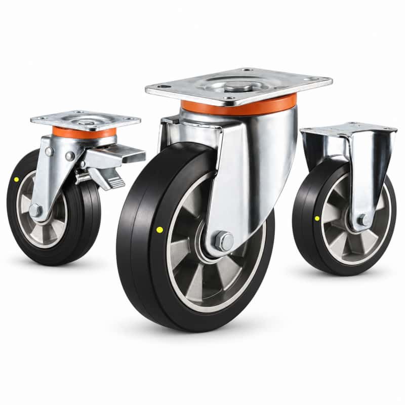 three casters with black tread silver core wheel in top-plate rigid, swivel and swivel with brake configurations and silver color metal bracket.