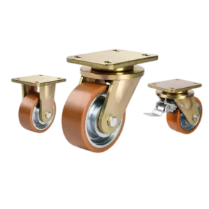 Three heavy-duty caster wheels in top plate mounting style, with brown tread silver core wheels and golden color metal bracket.