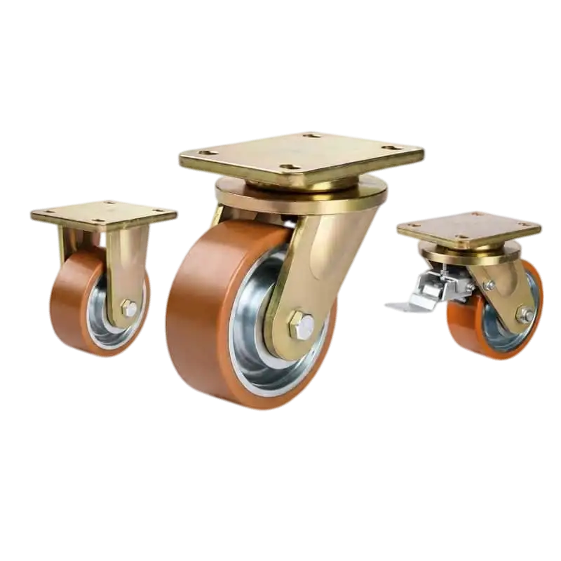 Three heavy-duty caster wheels in top plate mounting style, with brown tread silver core wheels and golden color metal bracket.