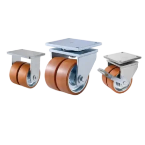 Three extra heavy-duty caster wheels in top plate mounting style, with dual brown color PU on cast iron core wheel and silver color zinc plated metal bracket.