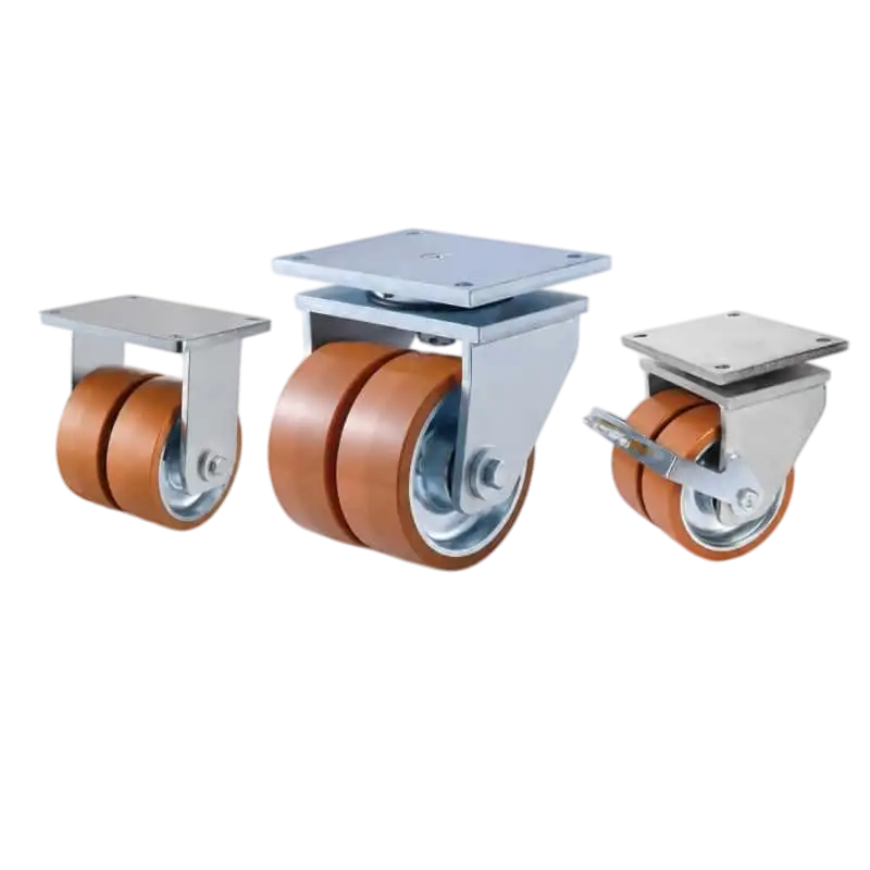 Three extra heavy-duty caster wheels in top plate mounting style, with dual brown color PU on cast iron core wheel and silver color zinc plated metal bracket.
