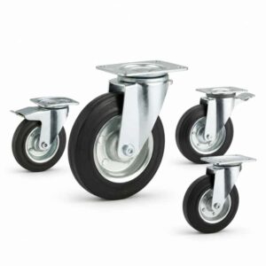 four casters with silver rim black tread in top-plate rigid, swivel and swivel with brake configurations