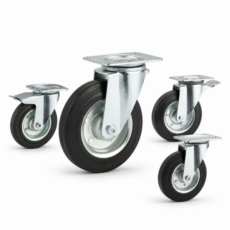 four casters with silver rim black tread in top-plate rigid, swivel and swivel with brake configurations
