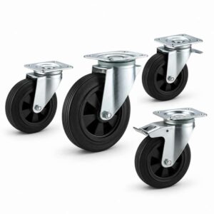four casters with black rim black tread in top-plate rigid, swivel and swivel with brake configurations