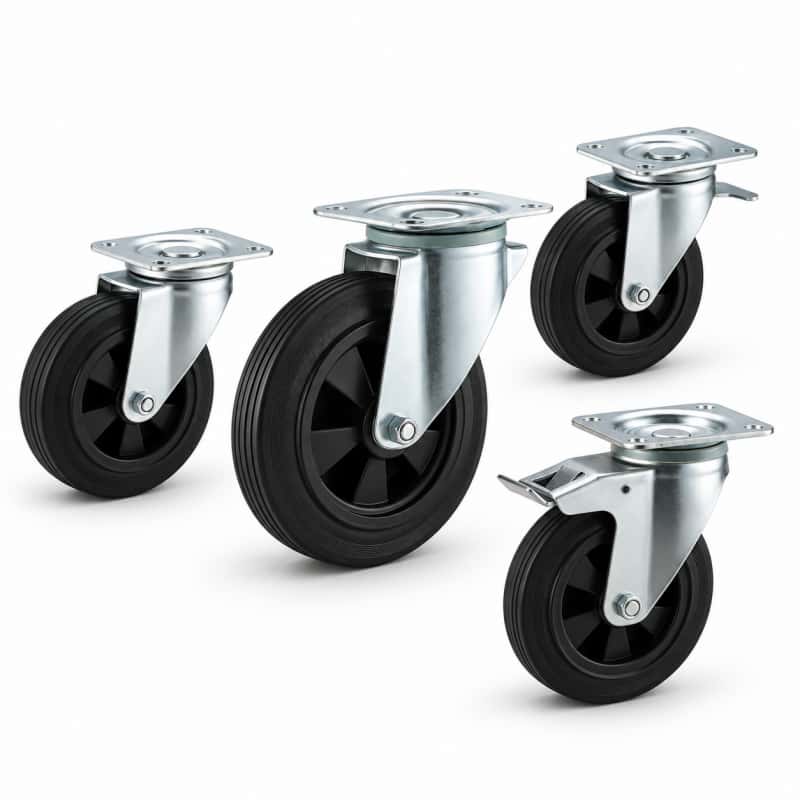 four casters with black rim black tread in top-plate rigid, swivel and swivel with brake configurations