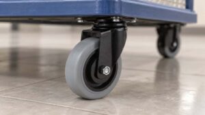 Grey swivel caster mounted beneath a blue utility cart