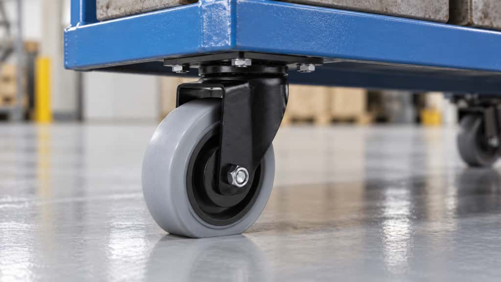 Grey swivel caster mounted beneath an industrial platform cart