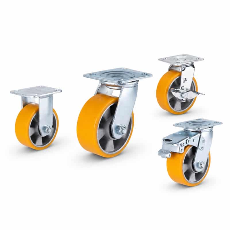 Four heavy-duty caster wheels in top plate mounting style, with orange tread silver core wheel and silver color metal bracket.