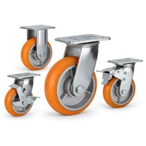 Four heavy-duty caster wheels in top plate mounting style, with orange tread silver core wheel and silver color metal bracket.