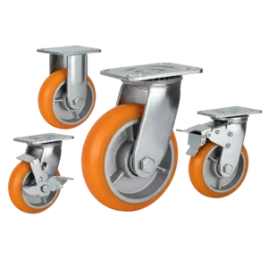 heavy duty american-style casters with red PU tread on cast iron core wheels in top-plate rigid, swivel and swivel with brake configurations