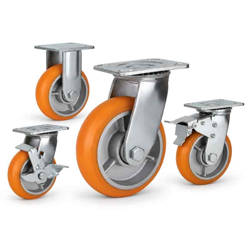 Four heavy-duty caster wheels in top plate mounting style, with orange tread silver core wheel and silver color metal bracket.