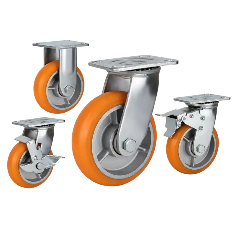 heavy duty american-style casters with red PU tread on cast iron core wheels in top-plate rigid, swivel and swivel with brake configurations