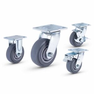 Four heavy-duty caster wheels in top plate mounting style, with grey wheel and silver color metal bracket.