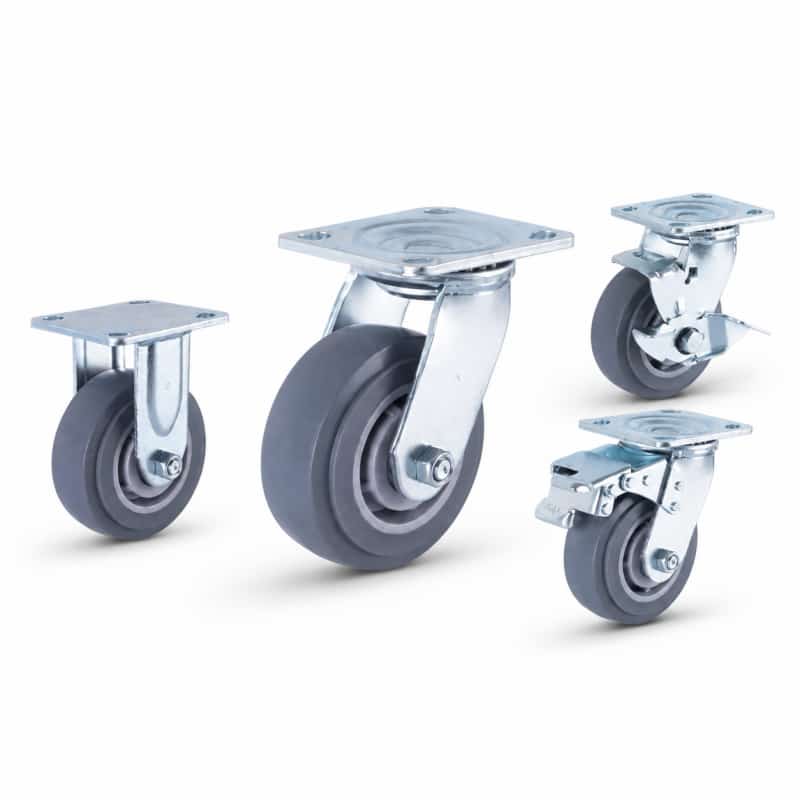 Four heavy-duty caster wheels in top plate mounting style, with grey wheel and silver color metal bracket.