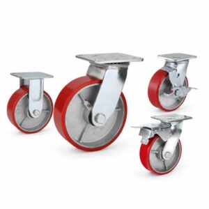 Four heavy-duty caster wheels in top plate mounting style, with red tread silver core wheel and silver color metal bracket.