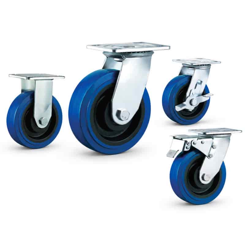 Four heavy-duty caster wheels in top plate mounting style, with blue tread black core wheel and silver color metal bracket.