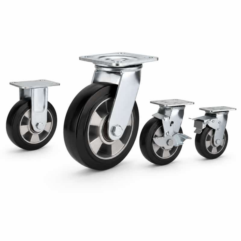 Four heavy-duty caster wheels in top plate mounting style, with black tread silver core wheel and silver color metal bracket.