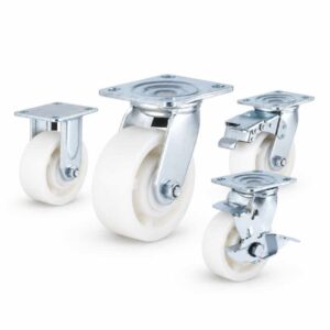 Four heavy-duty caster wheels in top plate mounting style, with white wheel and silver color metal bracket.