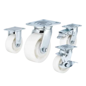 heavy duty american-style casters with white nylon tread wheels in top-plate rigid, swivel and swivel with brake configurations.
