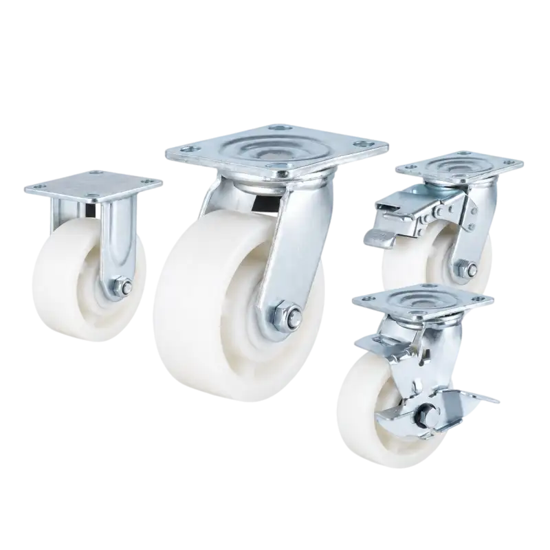 heavy duty american-style casters with white nylon tread wheels in top-plate rigid, swivel and swivel with brake configurations.