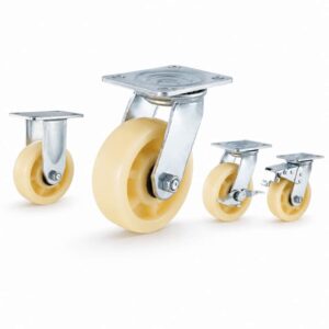 Four heavy-duty caster wheels in top plate mounting style, with cream white color wheel and silver color metal bracket.