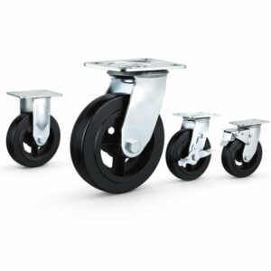 Four heavy-duty caster wheels in top plate mounting style, with black tread black core wheel and silver color metal bracket.