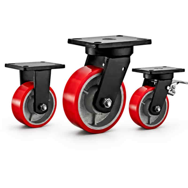 three heavy-duty caster wheels in top plate mounting style, with red tread silver core wheel and black color metal bracket.