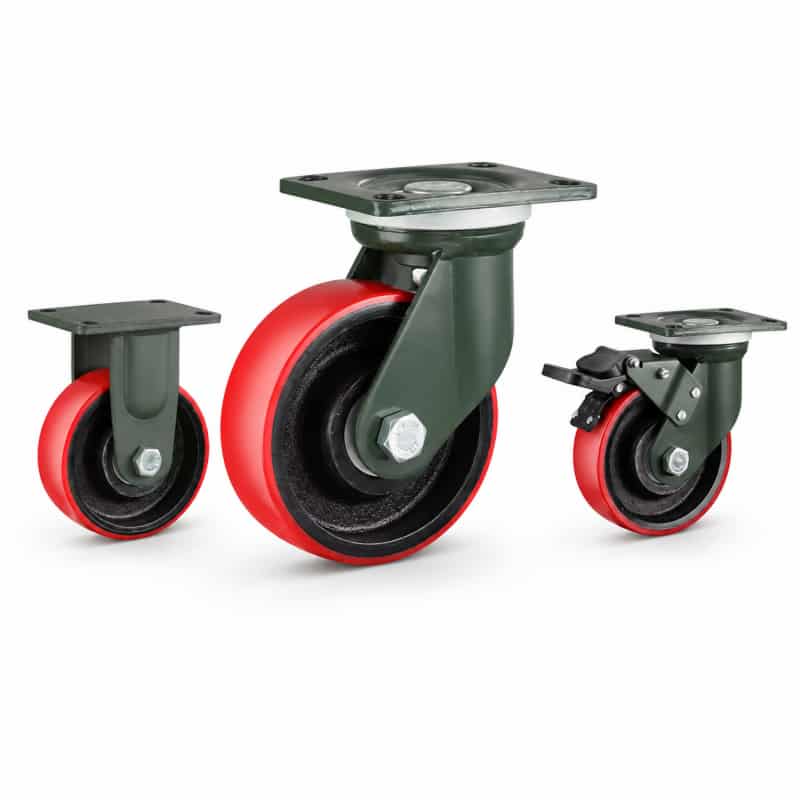 three heavy-duty caster wheels in top plate mounting style, with red tread black core wheel and dark green color metal bracket.