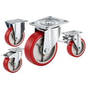 four casters with red tread silver core wheels in top-plate rigid, swivel and swivel with brake configurations and silver color metal bracket.