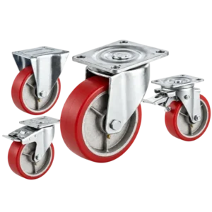 four casters with red tread silver core wheels in top-plate rigid, swivel and swivel with brake configurations.