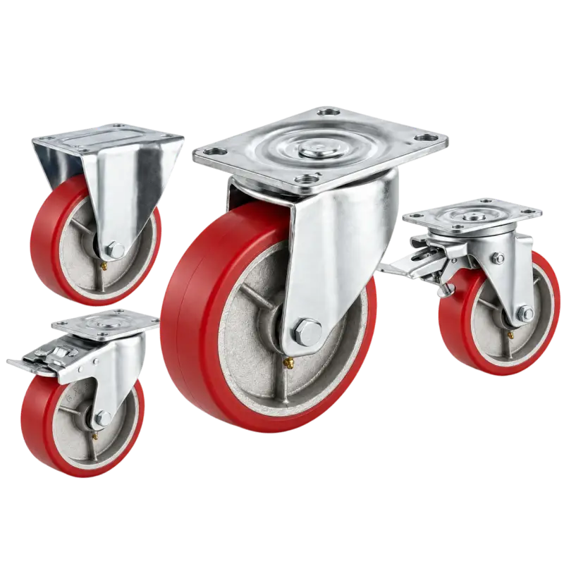 four casters with red tread silver core wheels in top-plate rigid, swivel and swivel with brake configurations.