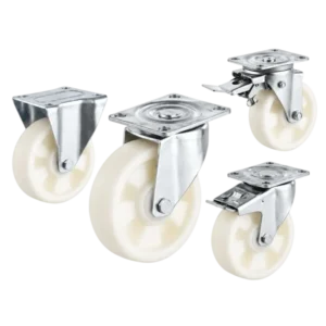 four casters with white wheels in top-plate rigid, swivel and swivel with brake configurations.