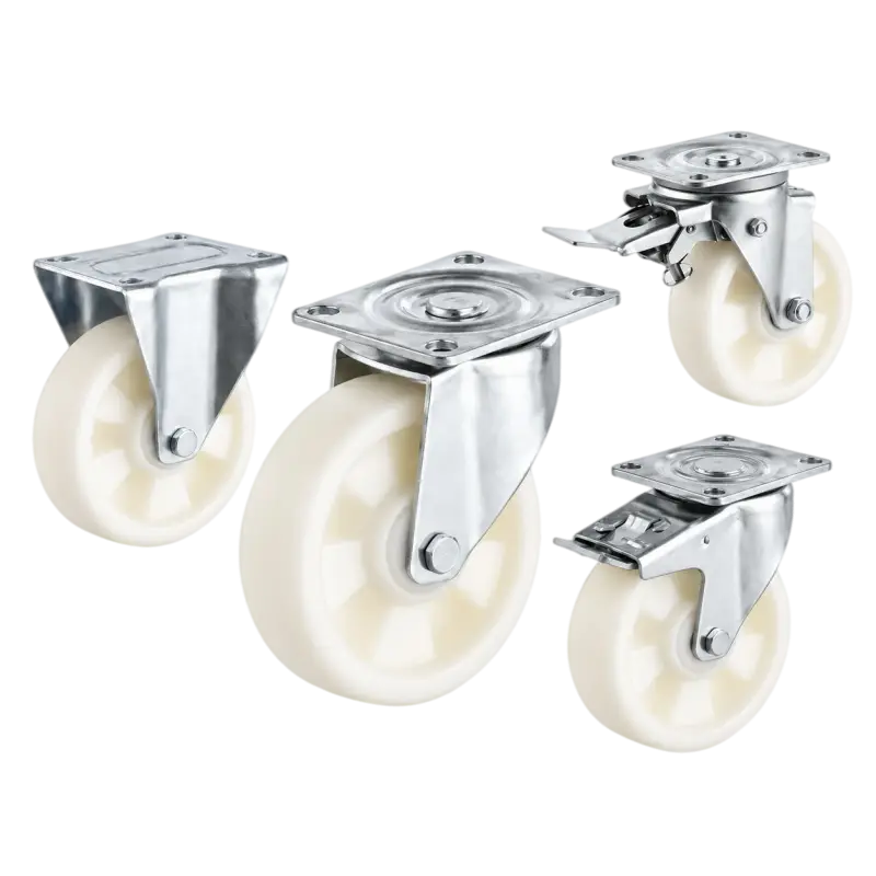 four casters with white wheels in top-plate rigid, swivel and swivel with brake configurations.